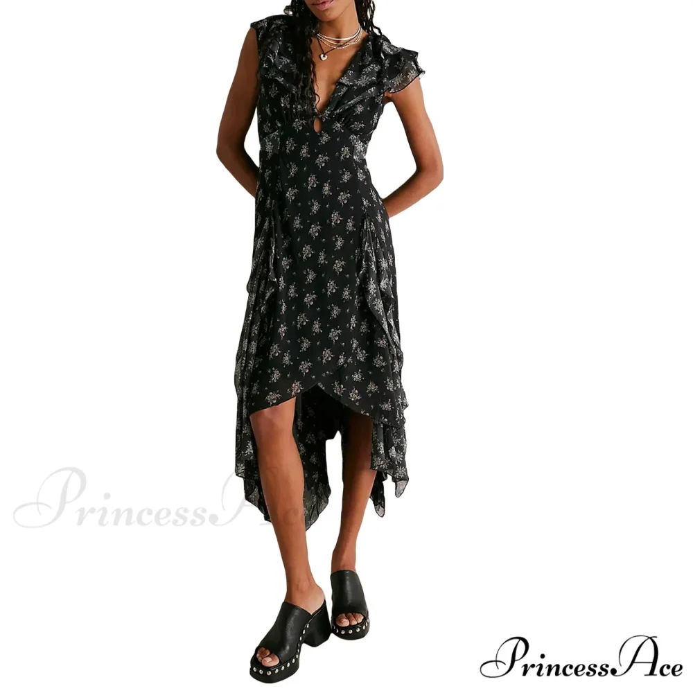 Women Casual Midi Print Ruffles Fly Sleeve V-Neck Holiday Beach Floral Dress - Image 7