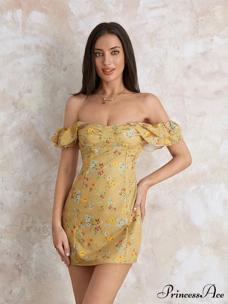 Women's Off Shoulder Mini Sleeveless Ruffle Trim SlimFit Clubwear Floral Dress - Image 2