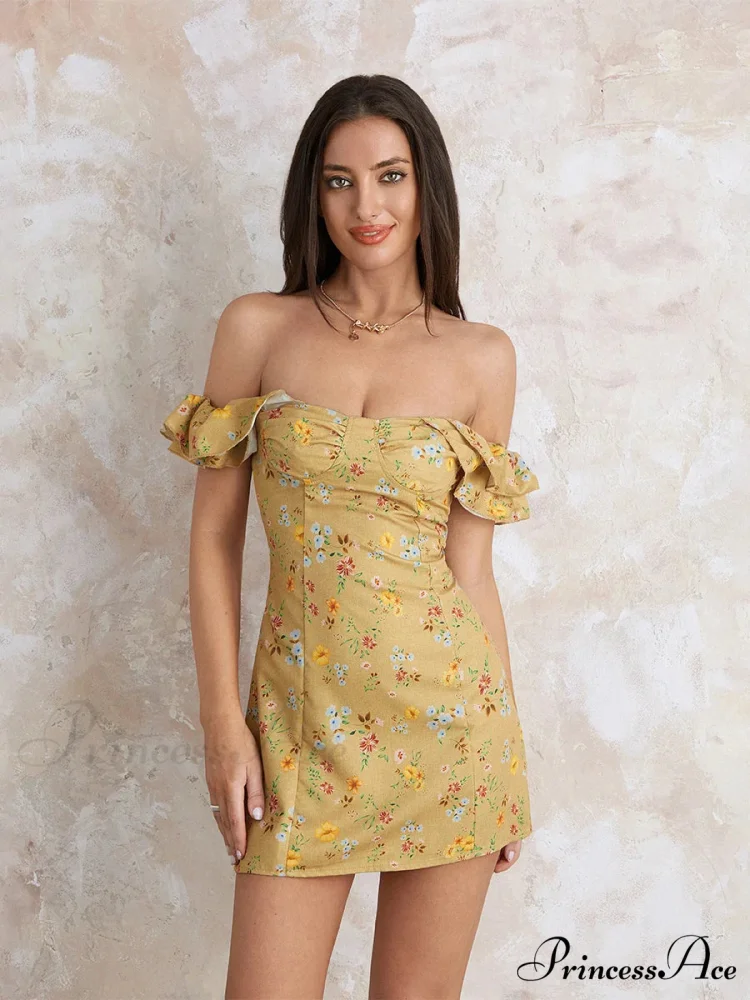 Women's Off Shoulder Mini Sleeveless Ruffle Trim SlimFit Clubwear Floral Dress - Image 4