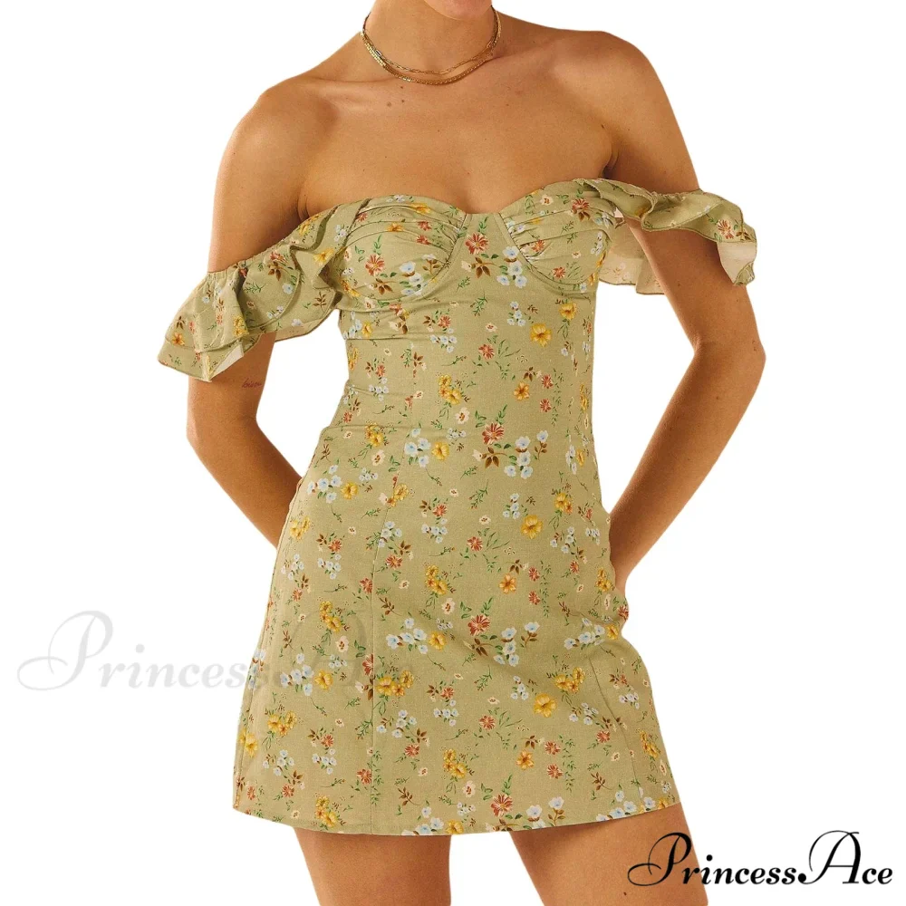 Women's Off Shoulder Mini Sleeveless Ruffle Trim SlimFit Clubwear Floral Dress - Image 6