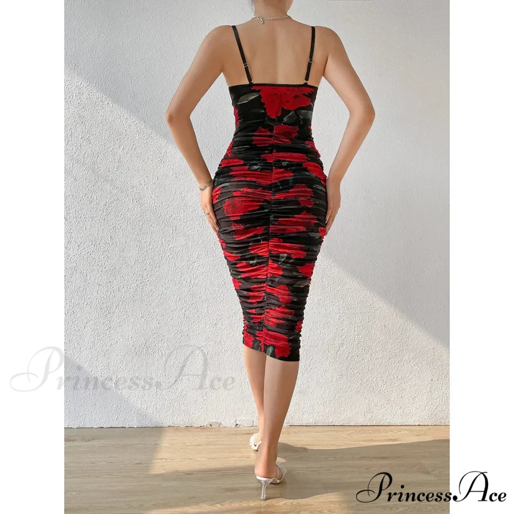 Pattern Pleated Design Bag Hip Long Halter Vestido SlimFit Floral Dress - Image 5