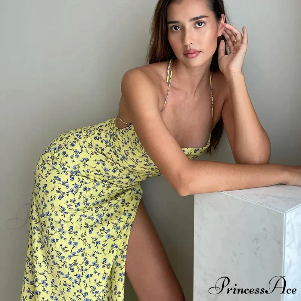 Suspender Split SlimSleeveless Beach Spaghetti Strap 2024 Summer Floral Dress - Image 3