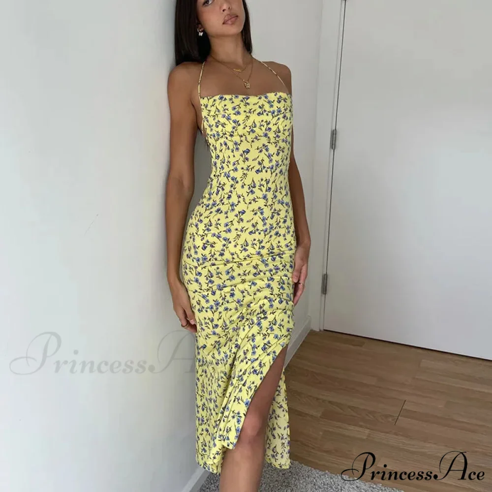 Suspender Split SlimSleeveless Beach Spaghetti Strap 2024 Summer Floral Dress - Image 4