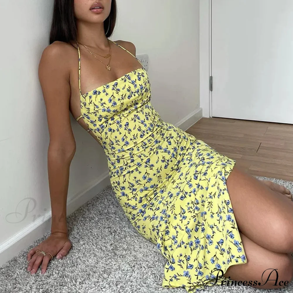 Suspender Split SlimSleeveless Beach Spaghetti Strap 2024 Summer Floral Dress - Image 5