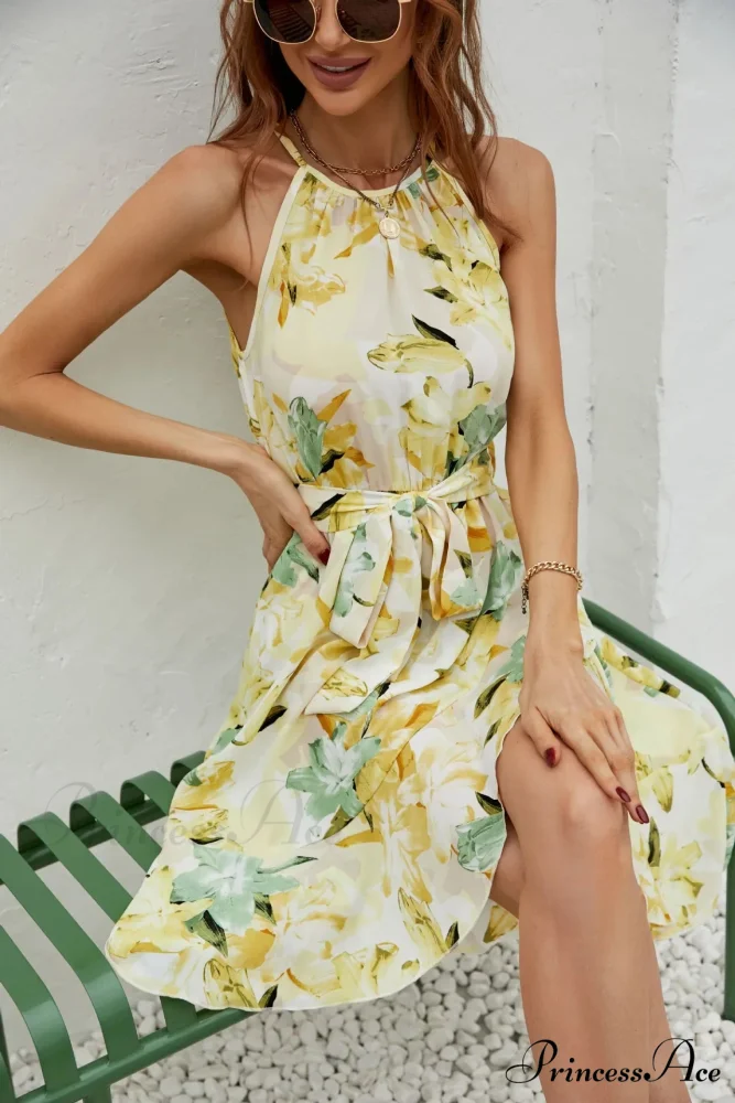 2024 Female Spring Summer Holiday Style Temperament Crew-neck Printed Cross Beach Floral Dress - Image 2