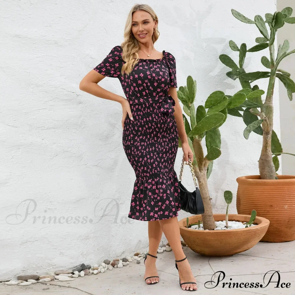 Ruffled Sexy Hip Wrap Skirt Summer Elastic Waist Square Collar Skirt Women Trending Clothing Floral Dress - Image 4