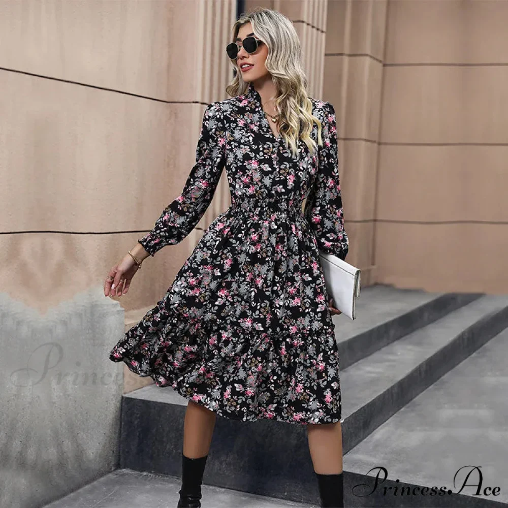 2024 Long Sleeve Printed A-Link Skirt Vestido De Cuello V Cerrado Summer Women Clothing Floral Dress - Image 4