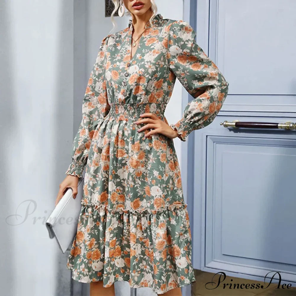 2024 Long Sleeve Printed A-Link Skirt Vestido De Cuello V Cerrado Summer Women Clothing Floral Dress - Image 5