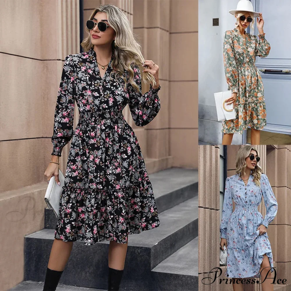 2024 Long Sleeve Printed A-Link Skirt Vestido De Cuello V Cerrado Summer Women Clothing Floral Dress - Image 6