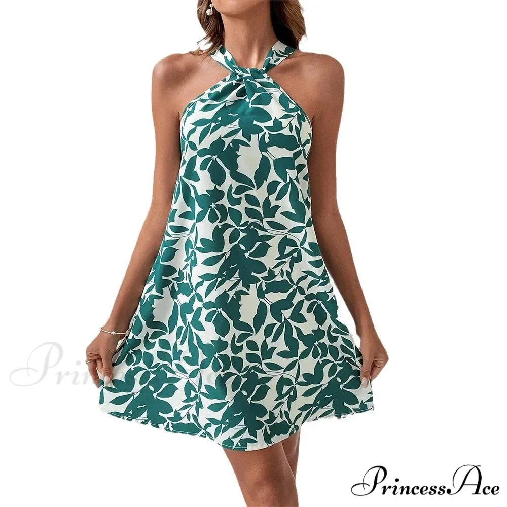 Spring/2024 New Print Halter Off-the-Shoulder Denim Dress Floral Dress - Image 5