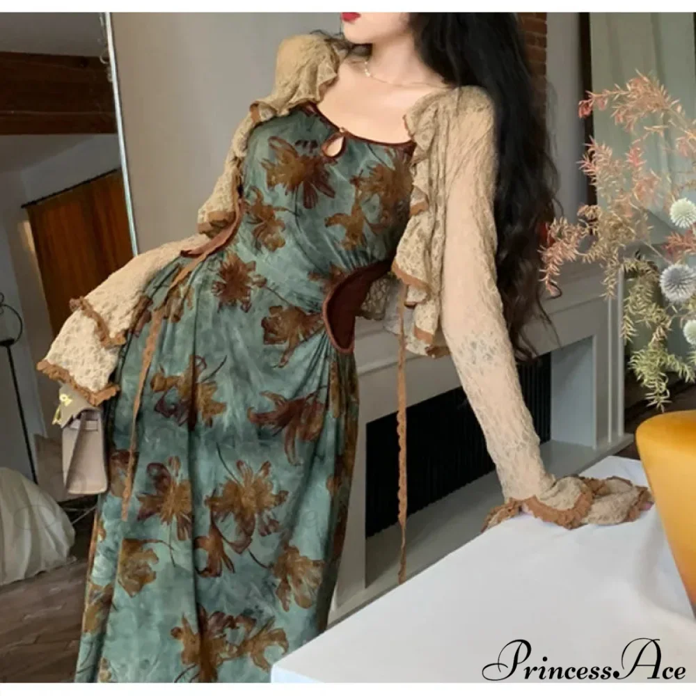 Green Halter Autumn French Retro Waist Slimming with Brown Clothing SlimFit Floral Dress - Image 2