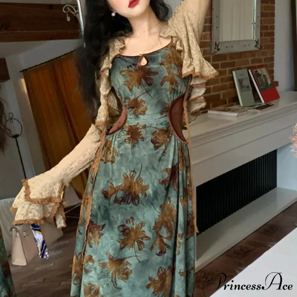 Green Halter Autumn French Retro Waist Slimming with Brown Clothing SlimFit Floral Dress - Image 3