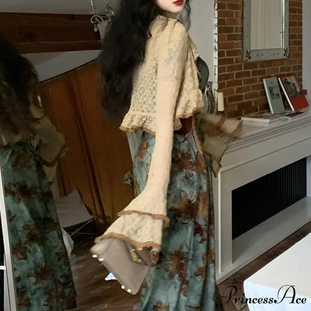 Green Halter Autumn French Retro Waist Slimming with Brown Clothing SlimFit Floral Dress - Image 4