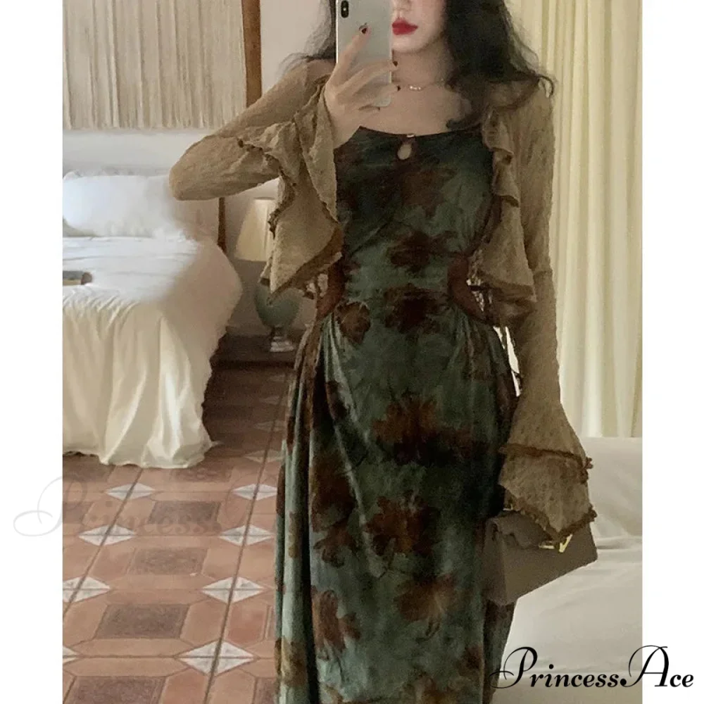 Green Halter Autumn French Retro Waist Slimming with Brown Clothing SlimFit Floral Dress - Image 5