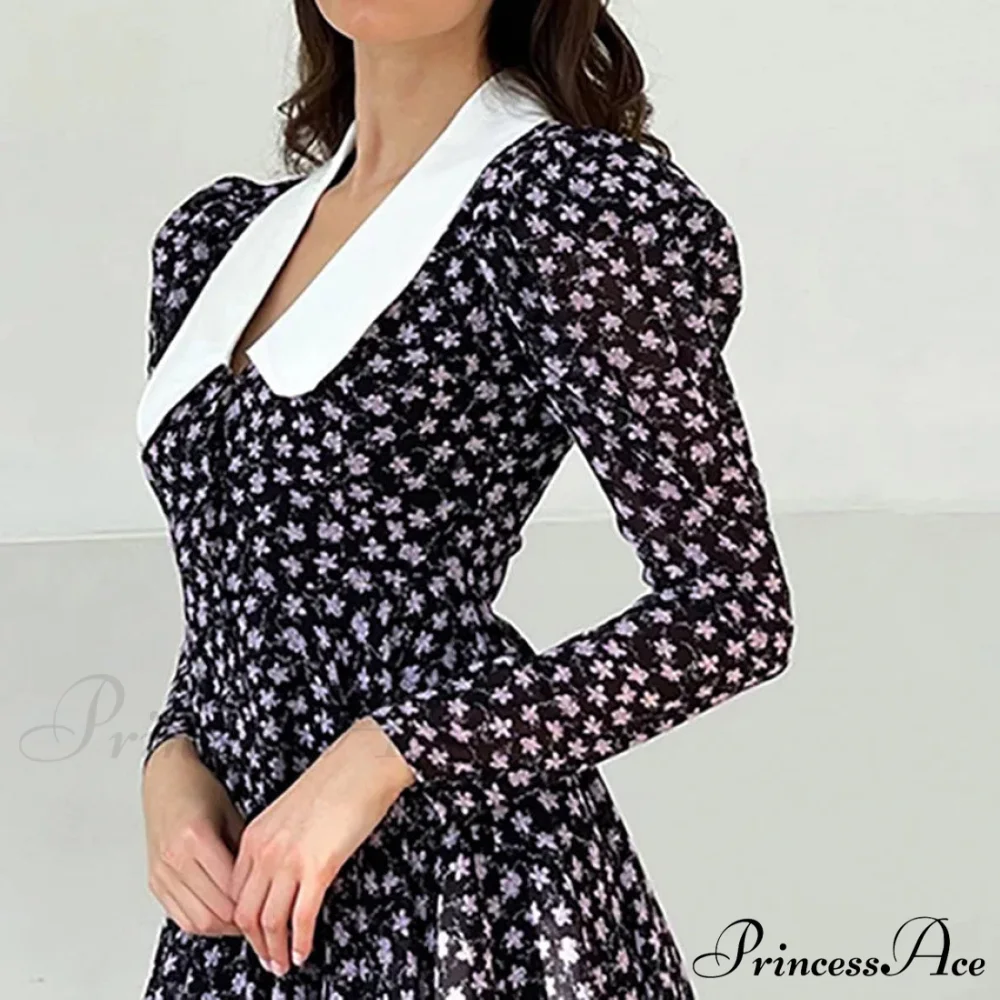 2024 Spring French Puff Sleeve Women's Doll Collar Waist Long Sleeve A-Link Skirt Summer Floral Dress - Image 4