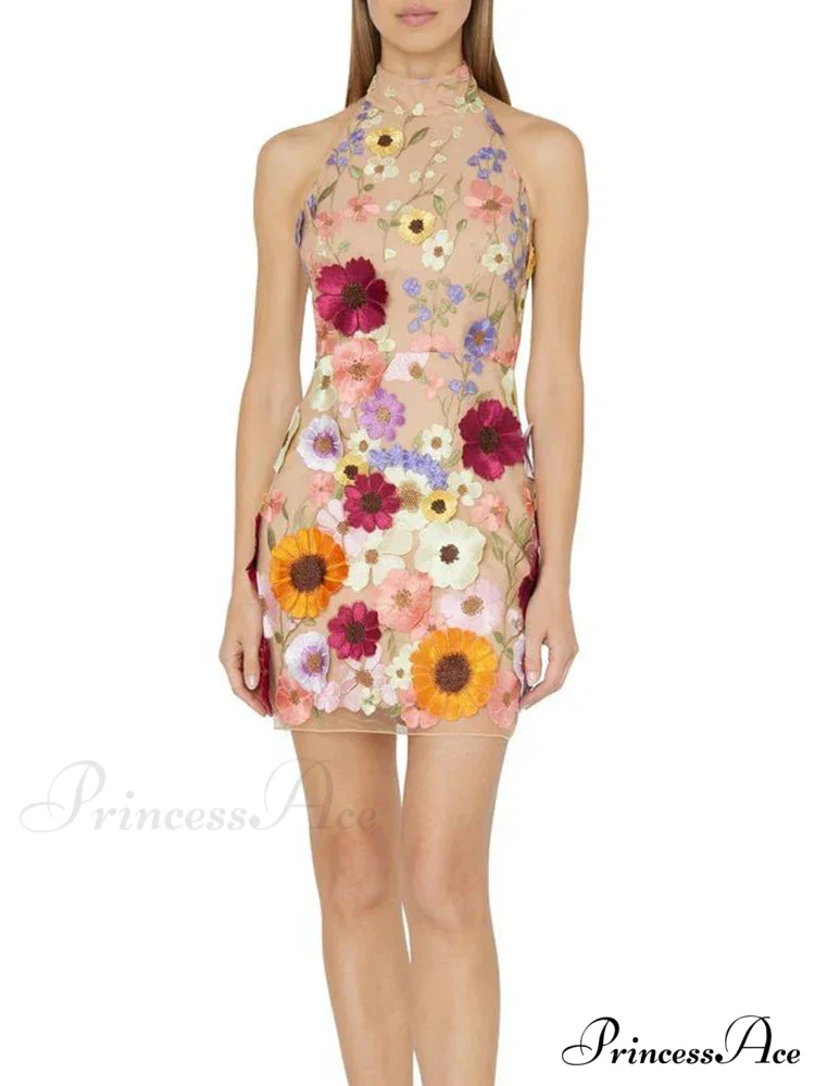 Embroidery Flower Bodycon Summer Sleeveless Backless Mini SlimVestidos De Mujer Floral Dress - Image 3