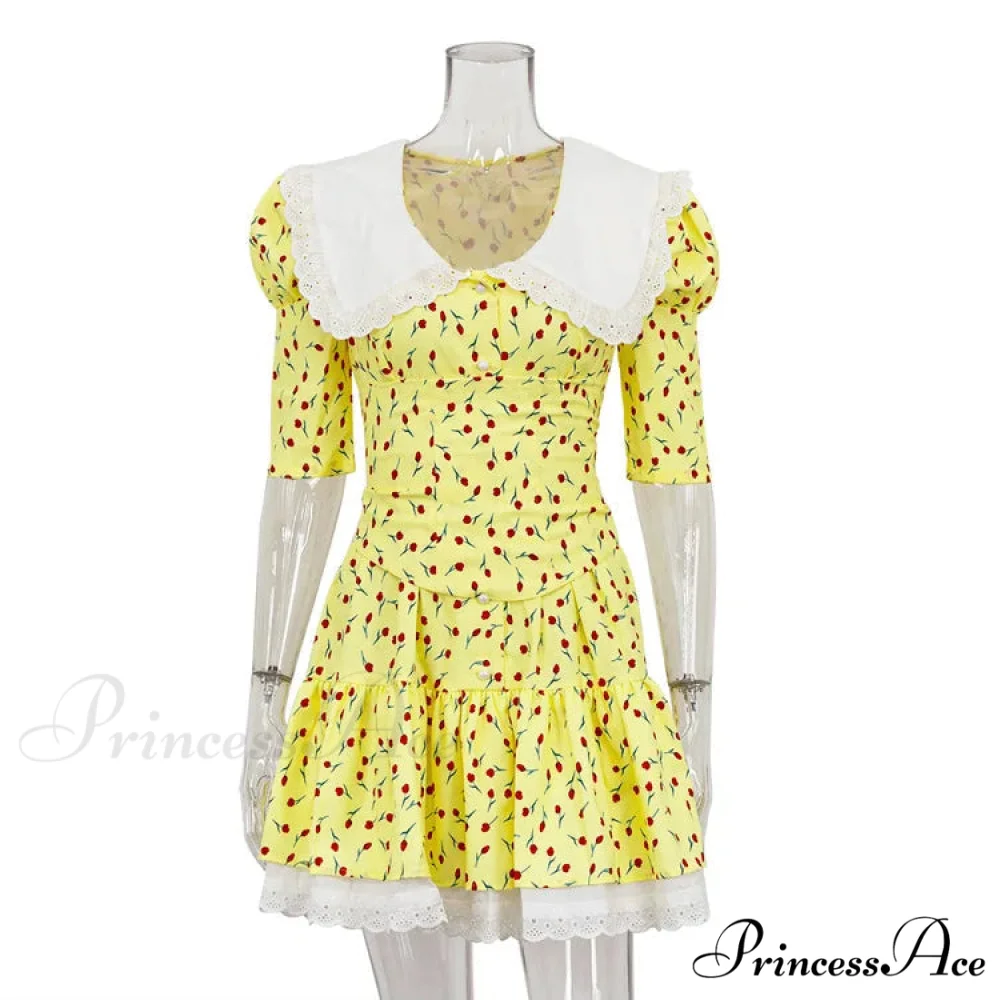 Lace-up Slim Luxury Lace Turn Collar Short Sleeve Folds es Femme Party Retro Lady Floral Dress - Image 10