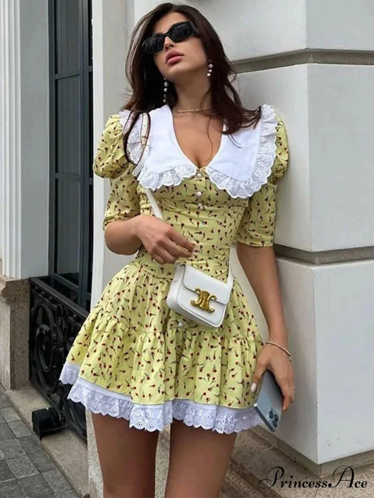Lace-up Slim Luxury Lace Turn Collar Short Sleeve Folds es Femme Party Retro Lady Floral Dress - Image 3