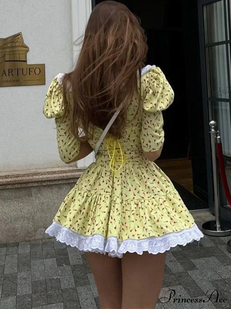 Lace-up Slim Luxury Lace Turn Collar Short Sleeve Folds es Femme Party Retro Lady Floral Dress - Image 4