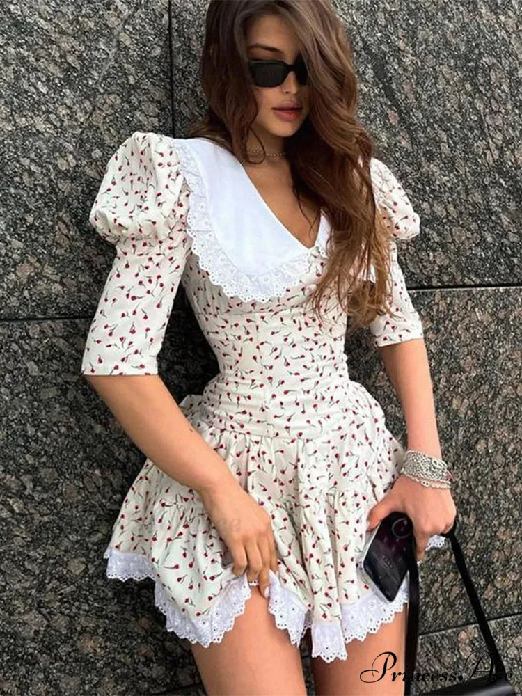Lace-up Slim Luxury Lace Turn Collar Short Sleeve Folds es Femme Party Retro Lady Floral Dress - Image 6