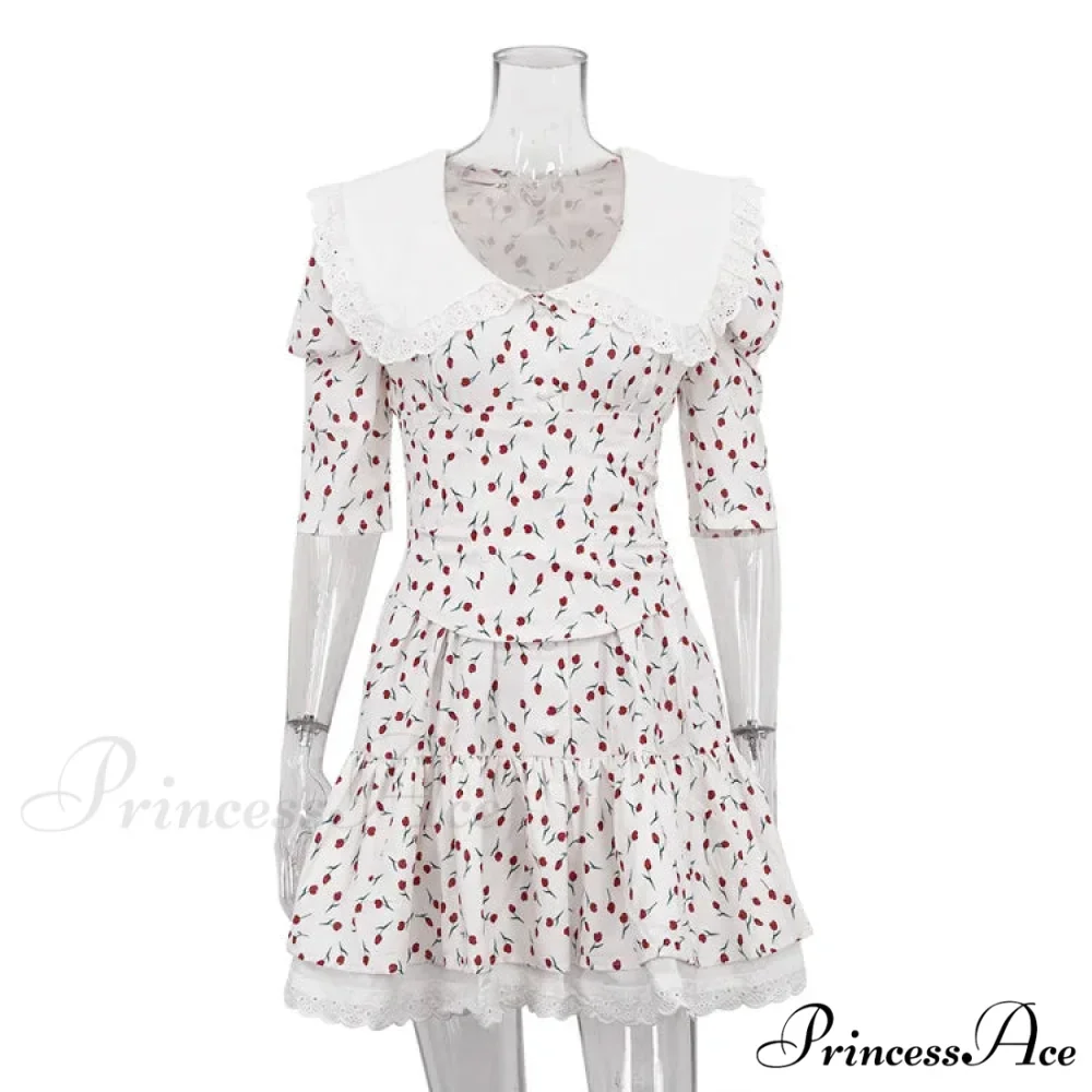 Lace-up Slim Luxury Lace Turn Collar Short Sleeve Folds es Femme Party Retro Lady Floral Dress - Image 7