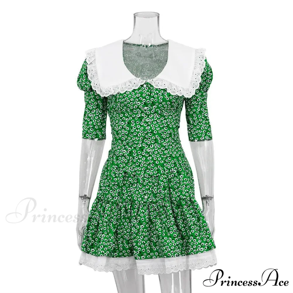 Lace-up Slim Luxury Lace Turn Collar Short Sleeve Folds es Femme Party Retro Lady Floral Dress - Image 8