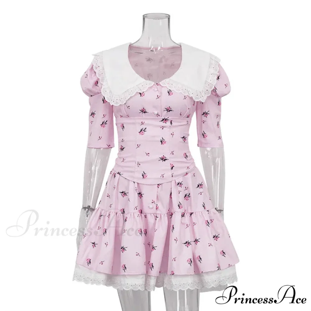 Lace-up Slim Luxury Lace Turn Collar Short Sleeve Folds es Femme Party Retro Lady Floral Dress - Image 9
