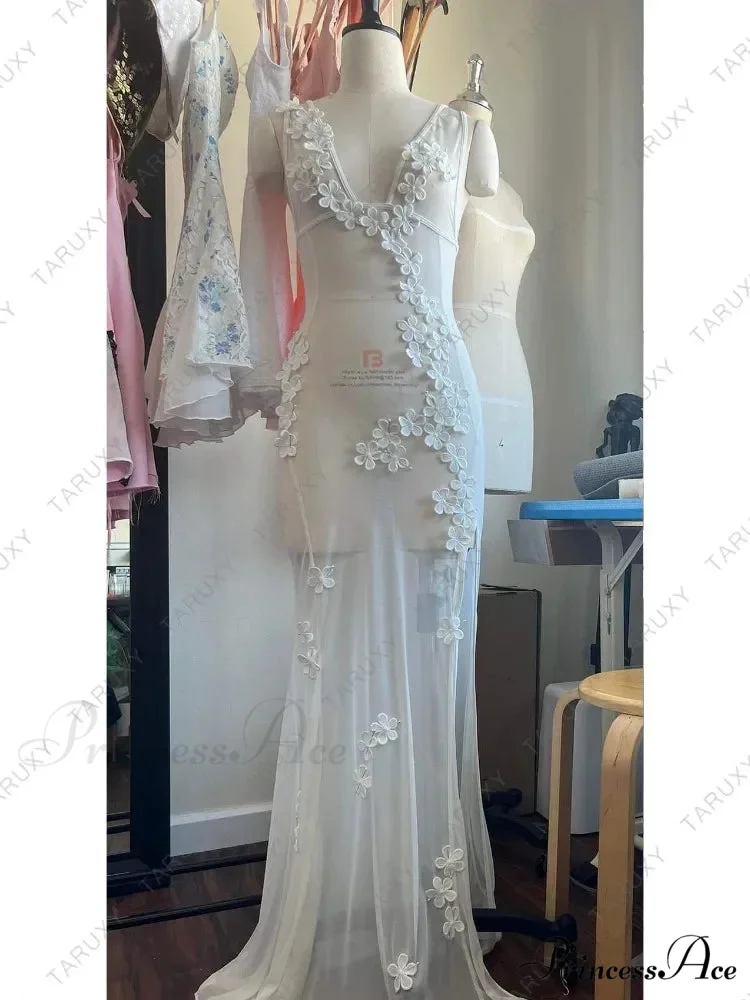 White Summer Lace Chiffon Wedding Party Night Vestidos Cover-up Floral Dress - Image 5