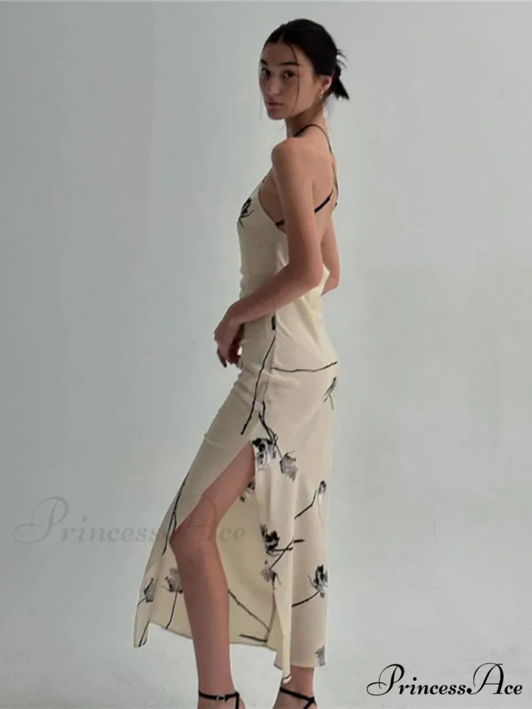 Summer Print Long Halter Backless Satin Split es Women 2024 Hot Vestidos Floral Dress - Image 4