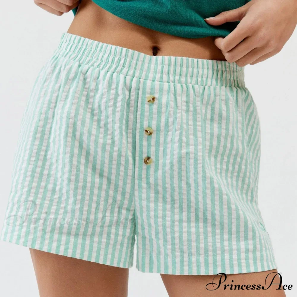 Stripe Print Pajama Boxer Elastic Waist Button Decor Straight Leg Sleeping Pants Short - Image 2