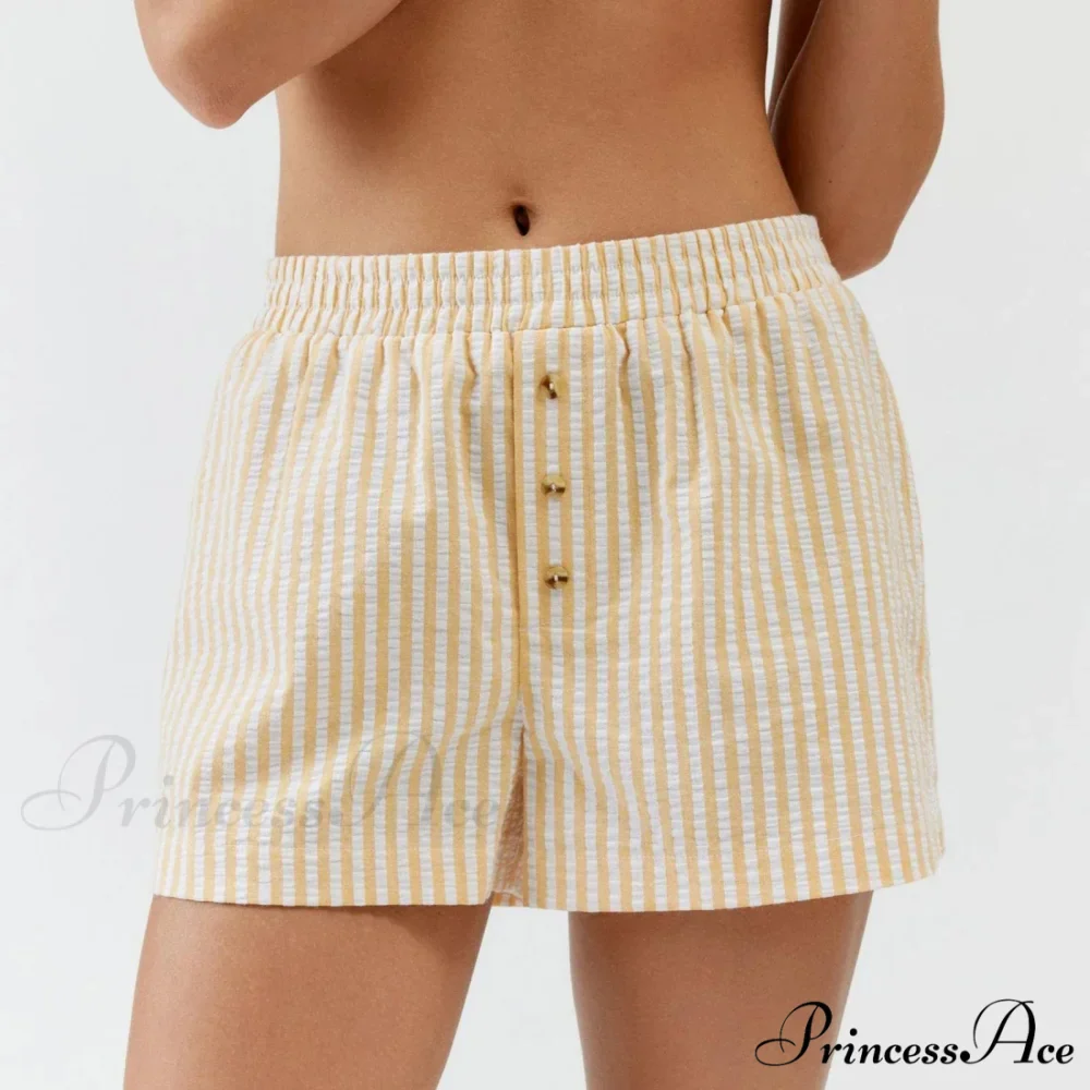Stripe Print Pajama Boxer Elastic Waist Button Decor Straight Leg Sleeping Pants Short - Image 4