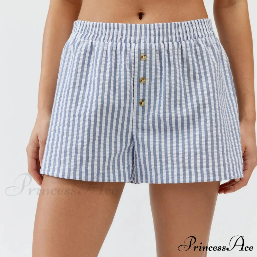 Stripe Print Pajama Boxer Elastic Waist Button Decor Straight Leg Sleeping Pants Short - Image 5