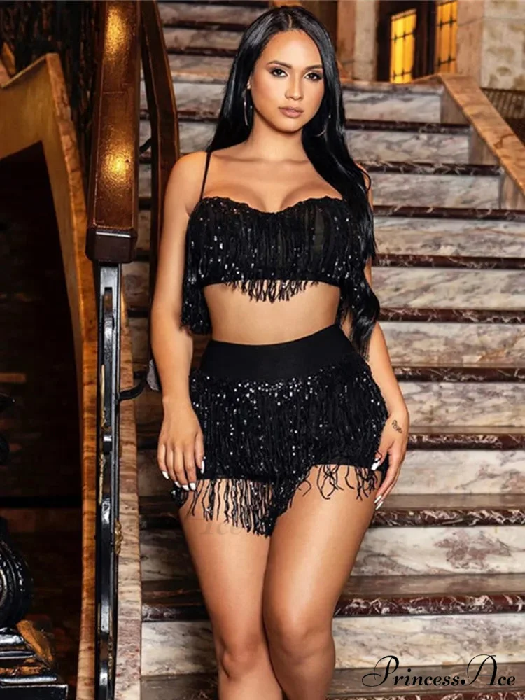 Glitter Sequin 2 Piece Outfits Sleeveless Camisole Top Tassel Bodycon Sets Short - Image 2