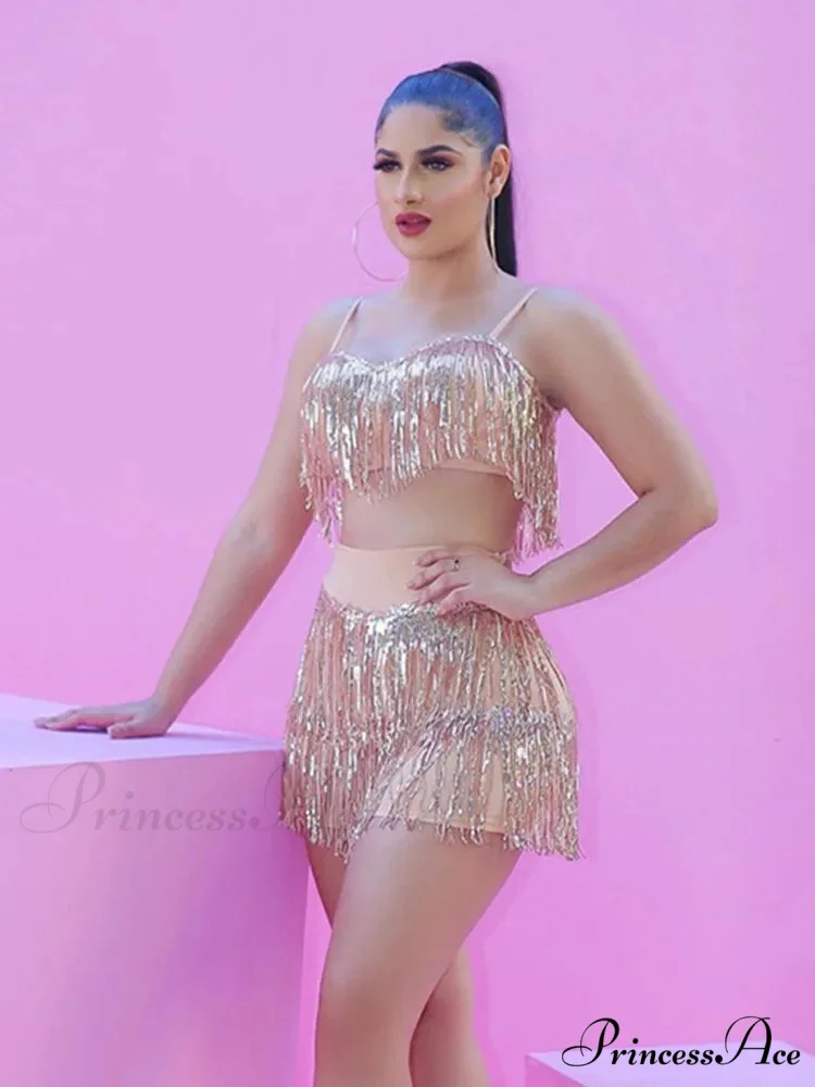 Glitter Sequin 2 Piece Outfits Sleeveless Camisole Top Tassel Bodycon Sets Short - Image 4