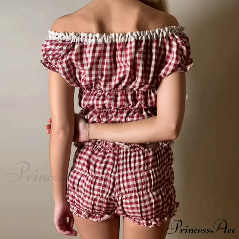 Women 2 Piece Matching Set Ruffle Off Shoulder Smocked Tops and Bloomers Coquette Pajamas Short - Image 2
