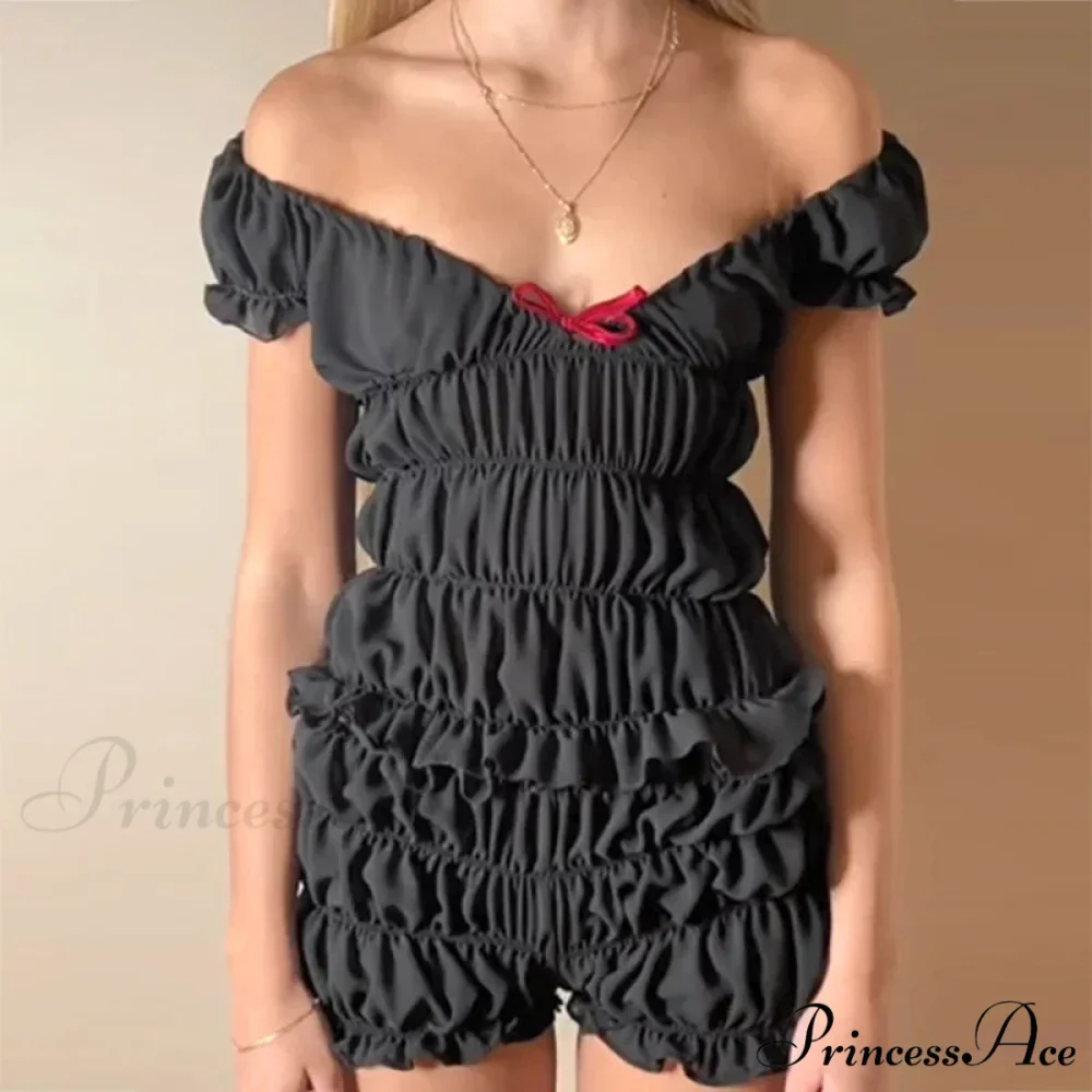 Women 2 Piece Matching Set Ruffle Off Shoulder Smocked Tops and Bloomers Coquette Pajamas Short - Image 3