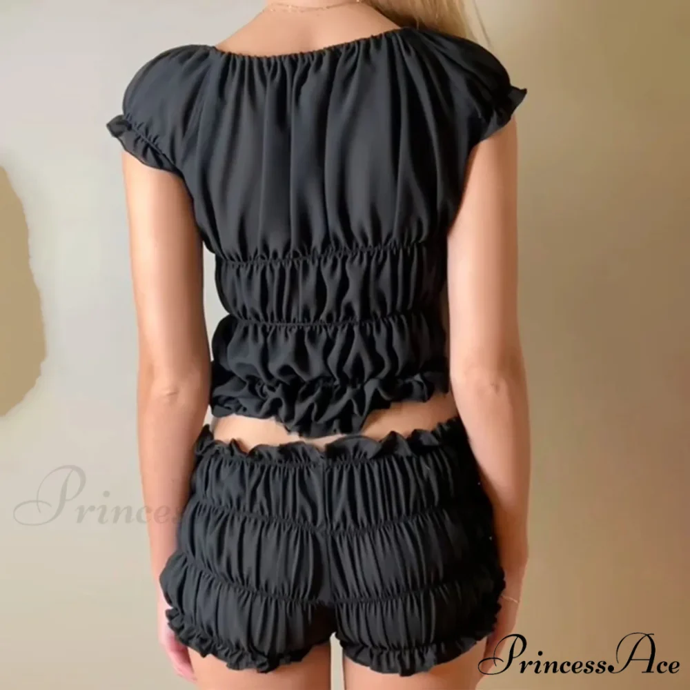 Women 2 Piece Matching Set Ruffle Off Shoulder Smocked Tops and Bloomers Coquette Pajamas Short - Image 4