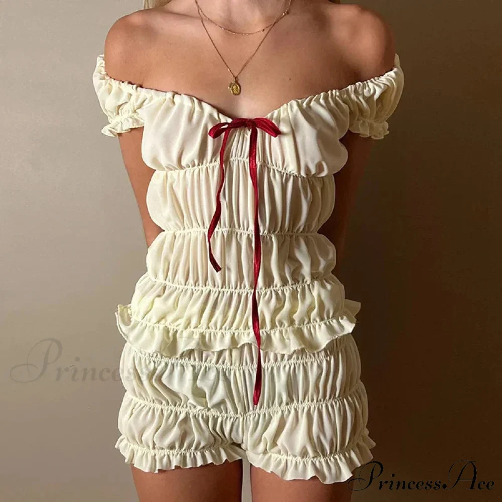 Women 2 Piece Matching Set Ruffle Off Shoulder Smocked Tops and Bloomers Coquette Pajamas Short - Image 5