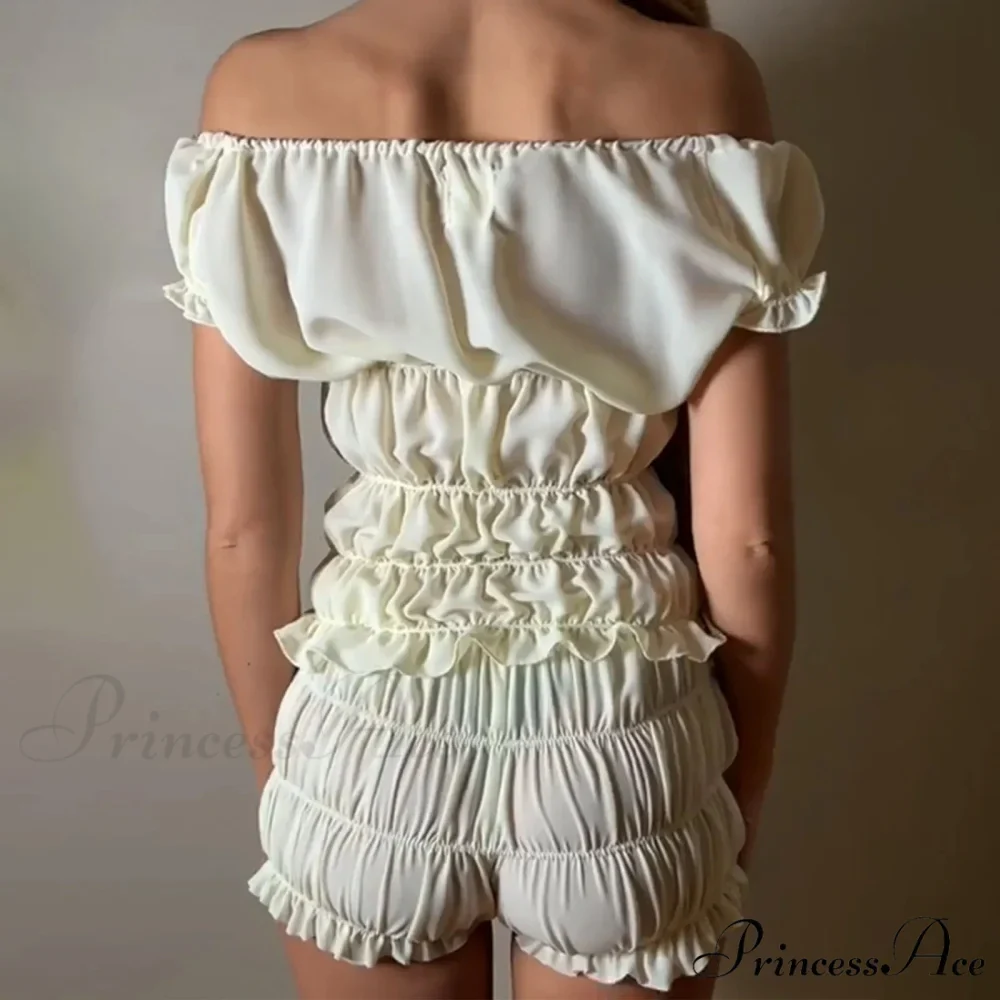 Women 2 Piece Matching Set Ruffle Off Shoulder Smocked Tops and Bloomers Coquette Pajamas Short - Image 6