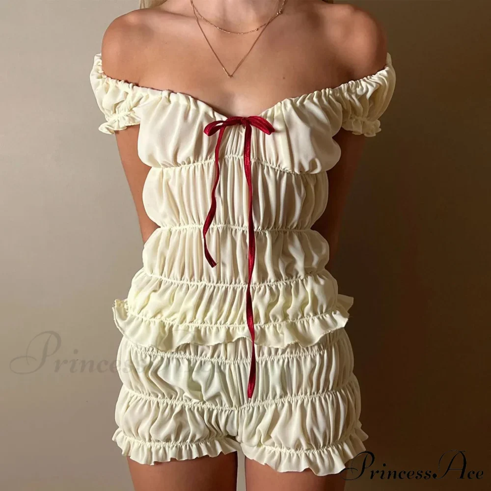 Women 2 Piece Matching Set Ruffle Off Shoulder Smocked Tops and Bloomers Coquette Pajamas Short - Image 7