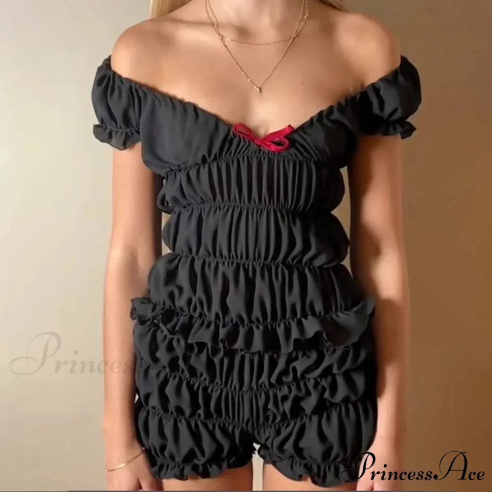 Women 2 Piece Matching Set Ruffle Off Shoulder Smocked Tops and Bloomers Coquette Pajamas Short - Image 8