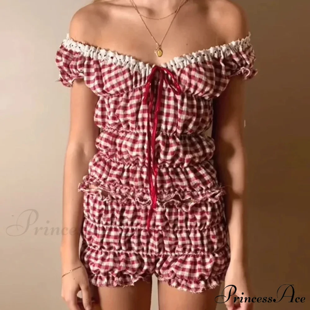 Women 2 Piece Matching Set Ruffle Off Shoulder Smocked Tops and Bloomers Coquette Pajamas Short - Image 9