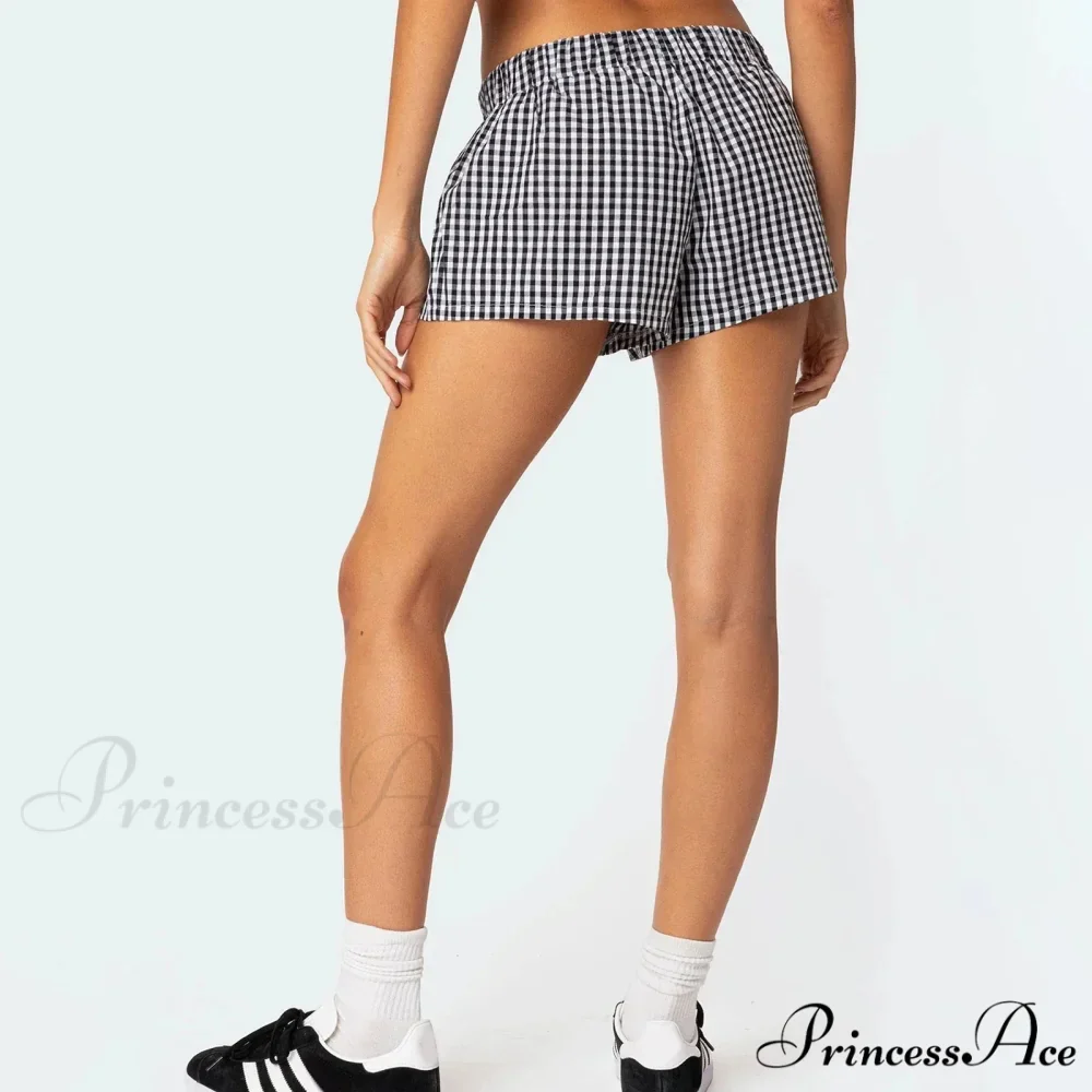 Y2K Lounge Soft Elastic Low Waist Plaid Print Button Front Pajama Bottoms Short - Image 6