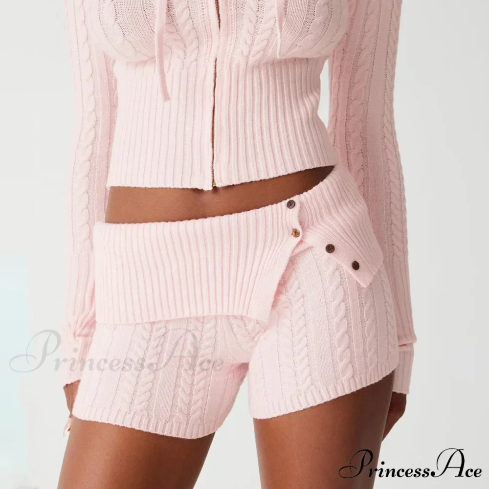 Fashion Summer Pajama Solid Color Button Cuff Cable Knit Lounge Bottoms Short - Image 4