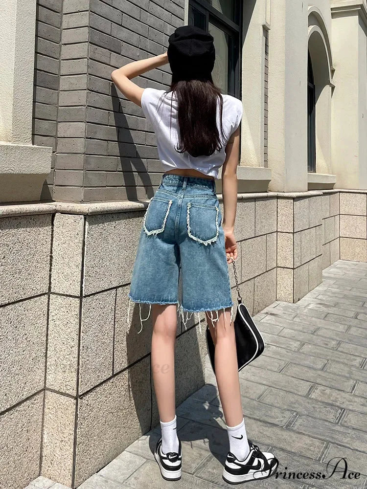 2024 Summer Jean Street Wear Waist Burrs Wide Leg Bermuda Denim Short - Image 2