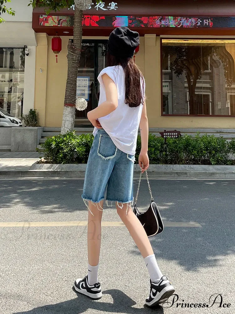 2024 Summer Jean Street Wear Waist Burrs Wide Leg Bermuda Denim Short - Image 3