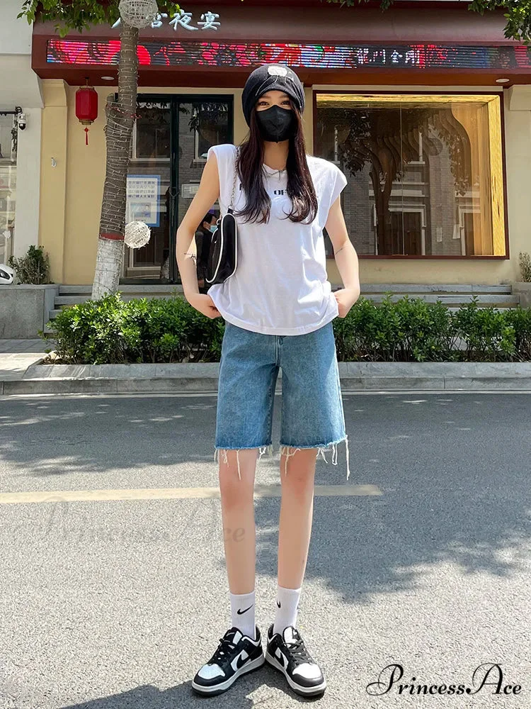 2024 Summer Jean Street Wear Waist Burrs Wide Leg Bermuda Denim Short - Image 4