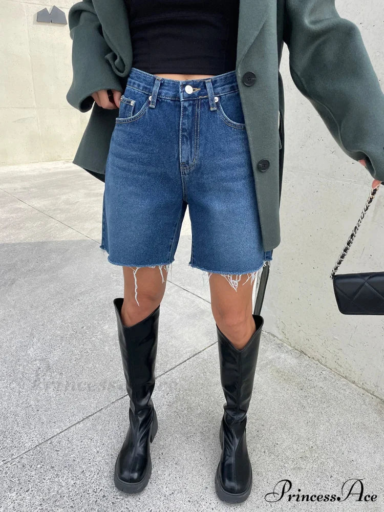 2024 Summer High Waist Denim Pockets Burrs Blue Color Jeans Streetwear Casual Short - Image 2