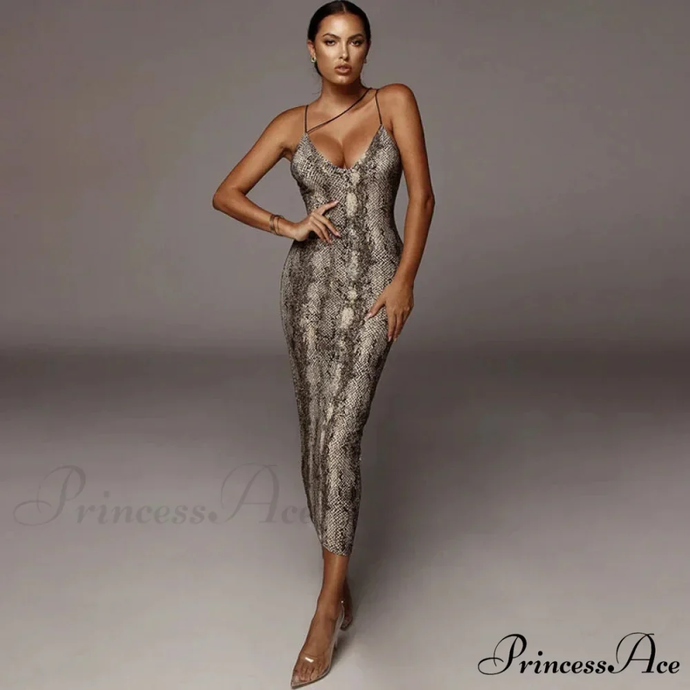 New Sexy Spaghetti Strap Leopard Print Sleeveless V-neck Maxi Evening Party Bodycon Dress - Image 4