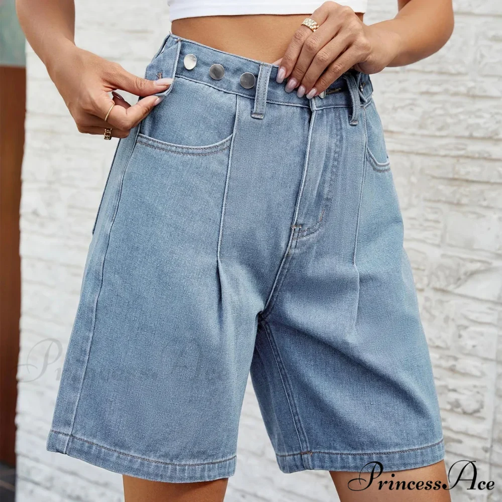 Korean Style Classic Comfortable Adjustable Quarter Blue High Waisted Wide Leg Short - Image 5
